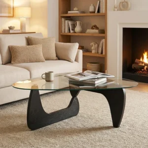 16.5'' H Modern Triangle Glass Coffee Table with Solid Wood Base