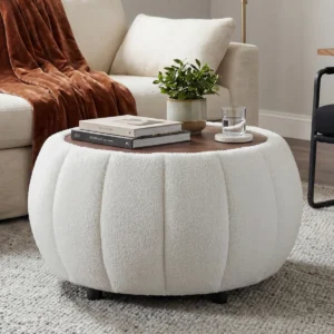 30 Inches Large Round Storage Ottoman, Modern Upholstered Ottoman Coffee Table