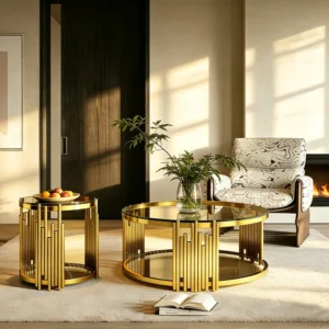 Redray Contemporary Double-Layer Smoked Glass Nesting Coffee Table Set with Gold Stainless Steel Frame